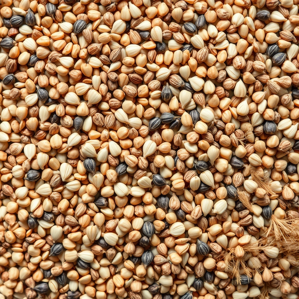 A natural mixture of seeds, grains, and plant fibres in an overhead composition