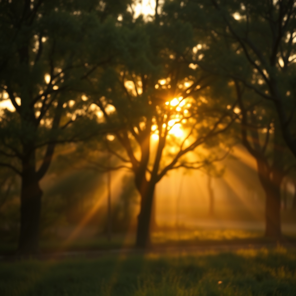 A serene natural landscape with morning light filtering through trees, symbolising balance and wellbeing